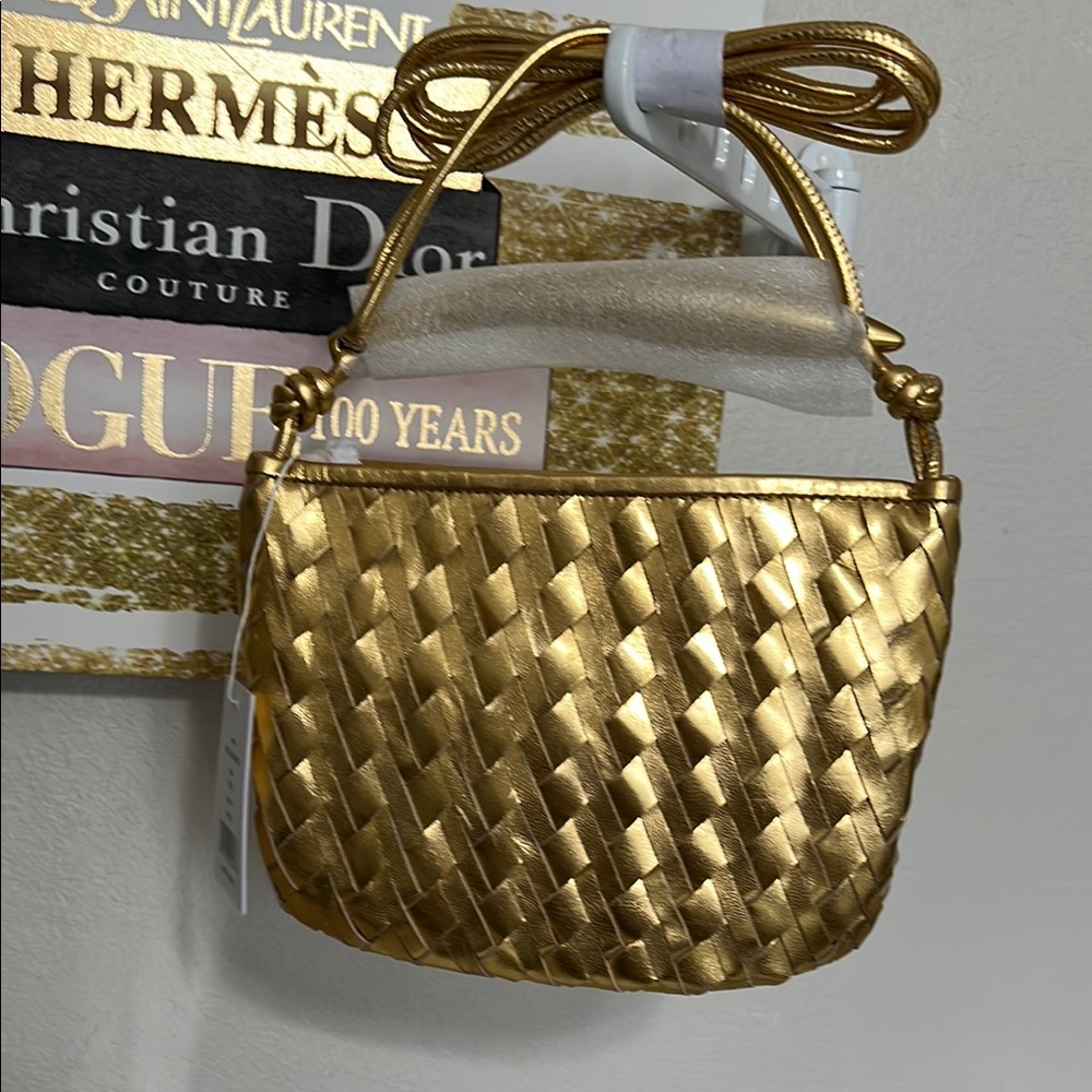 Walter Baker Mini Hazel Woven Gold Leather Top Handle Crossbody Bag - Picture 6 of 12